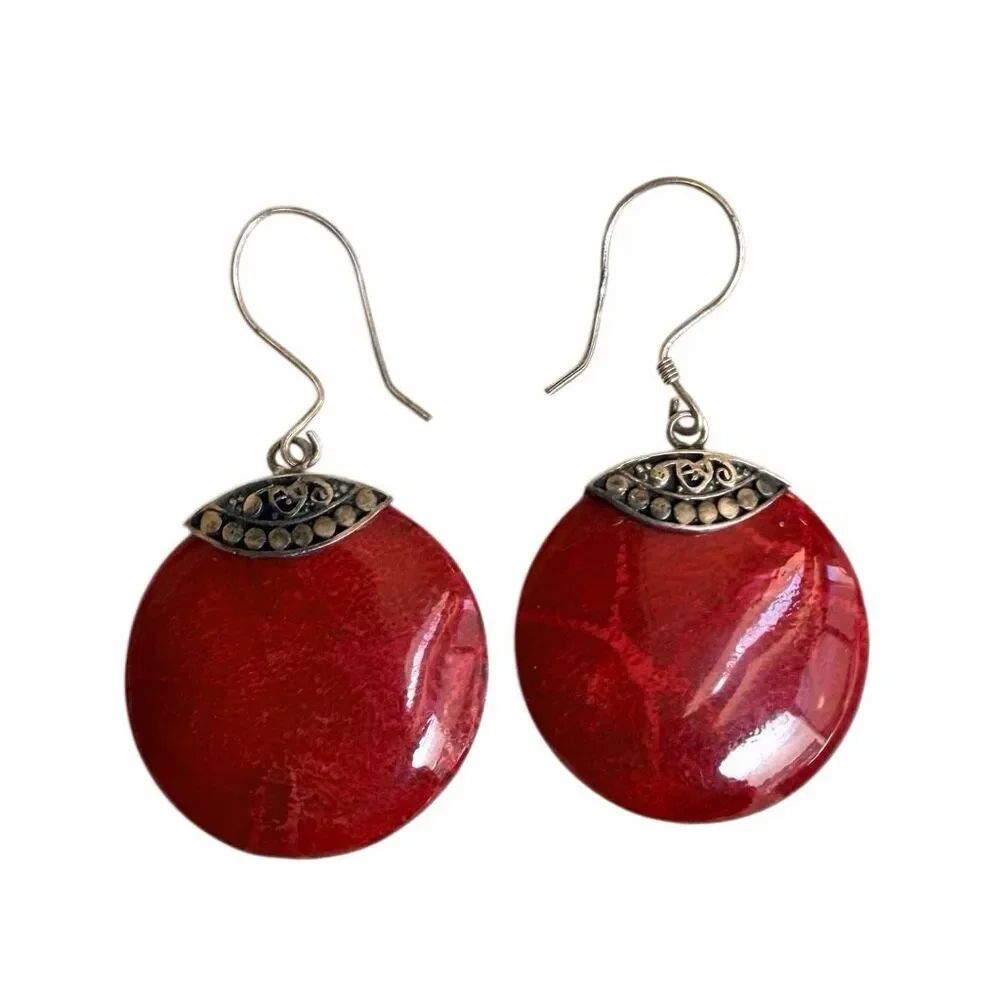 Sterling Silver Red Coral Look Disc Drop Earrings Vintage
